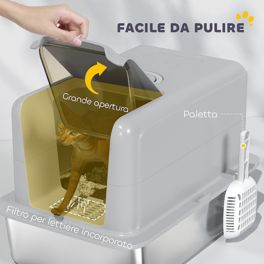 Pawhut Cat Toilet Stainless Steel Litter Box Filter Scoop Cats Up to 6 Kg 40.5 x 60.5 x 41.5 cm Gray Silver
