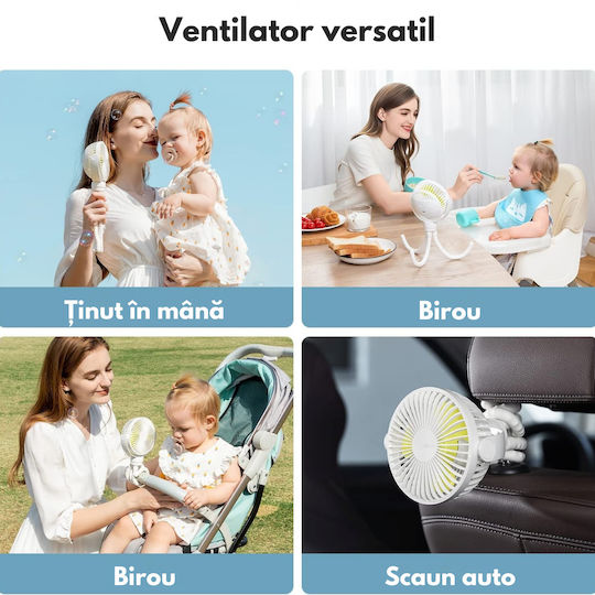 Ventilator Portabil 360° Trepied Flexibil Baterie Reîncărcabilă 1600 Mah Ultra-silențios 3 Viteze Mini Ventilator Dasbo Ideal Pentru Pătuț Cărucior Mașină Birou Camping
