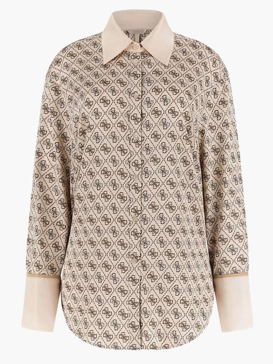 Langärmelig Damen Hemd Beige Blumen