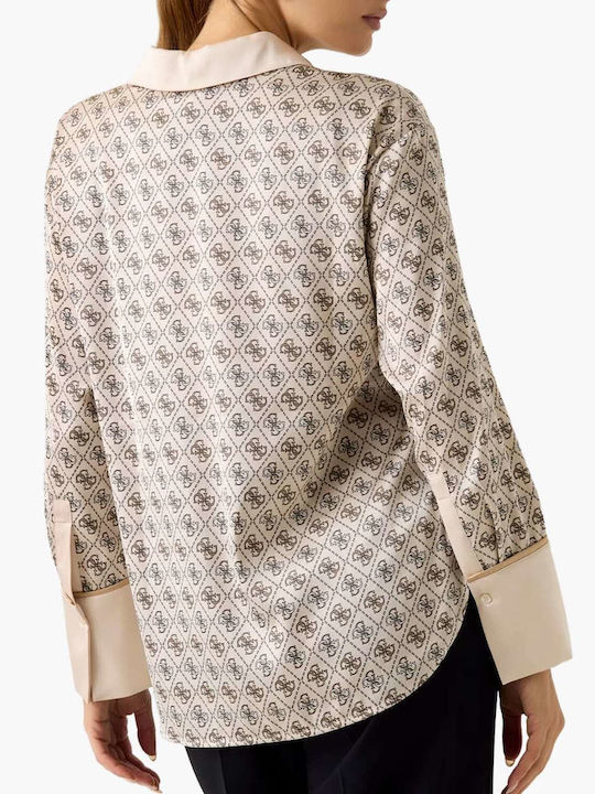 Langärmelig Damen Hemd Beige Blumen