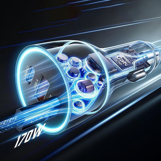 Lisen Încărcător Auto 170W Cu Încărcare Rapidă Cu Porturi: 1xUSB-A 2xType-C Împreună Cu Cablu Type-C Culoare Neagră
