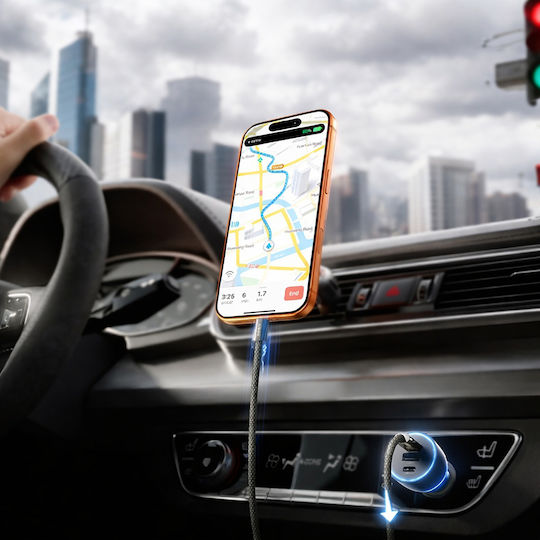 Lisen Încărcător Auto 170W Cu Încărcare Rapidă Cu Porturi: 1xUSB-A 2xType-C Împreună Cu Cablu Type-C Culoare Neagră