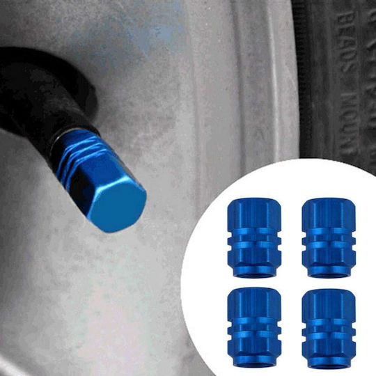 Set Blue Hexagonal Wheel Valve Caps 4 Pcs