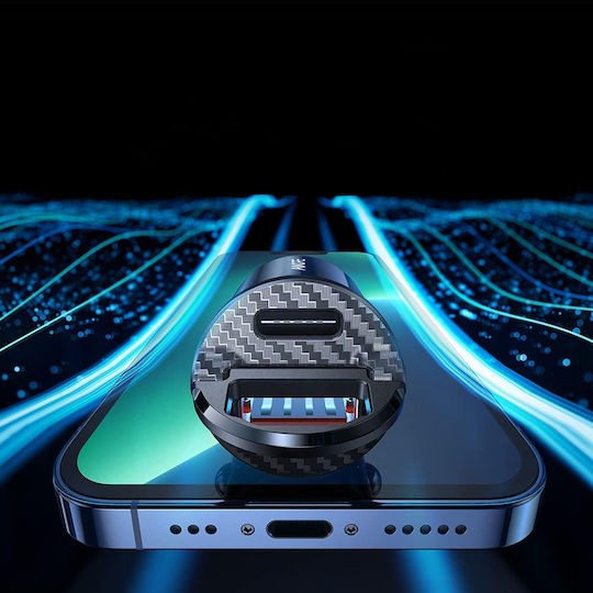 Ring Φορτιστής Αυτοκινήτου 30W με Θύρες: 1xUSB 1xType-C Μαύρο Χρώμα