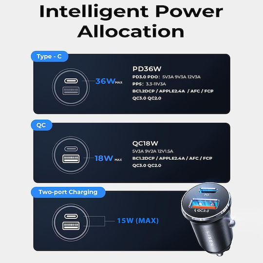 Lisen Car Charger 36W Fast Charging With Ports 1xUSB-A 1xType-C Black Colour