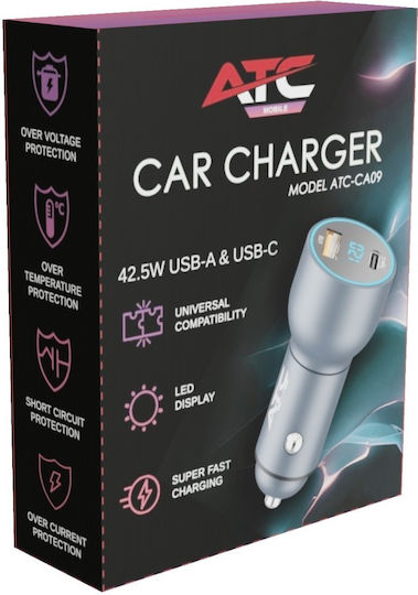 ATC Car Charger 42.5W 5A Fast Charging with Ports 1xUSB 1xType-C with Embedded Type-C Cable Grey Colour