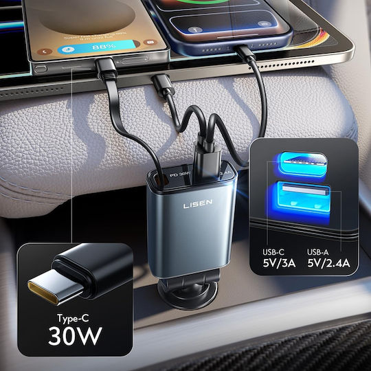 Lisen Car Charger 57W Fast Charging with Ports 1xUSB-A 1xType-C with Type-C Cable Black Colour