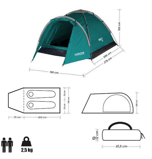 Nils Mountaineering Camping Tent Green 3 Seasons for 2 People Waterproof 3000mm 205x150x105cm