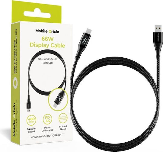 Mobile Origin USB 2.0 Cable USB-C male - USB-A 66W PD Μαύρο 1.5m