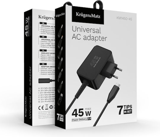 Kruger & Matz USB-C Universal Laptop Charger 45W 5V 3A for Universal Dell HP Lenovo Sony Samsung with Detachable Power Cord