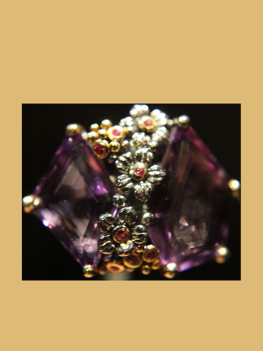 Artistic Silver Ring Natural Rhodolite Amethysts Size 16.5