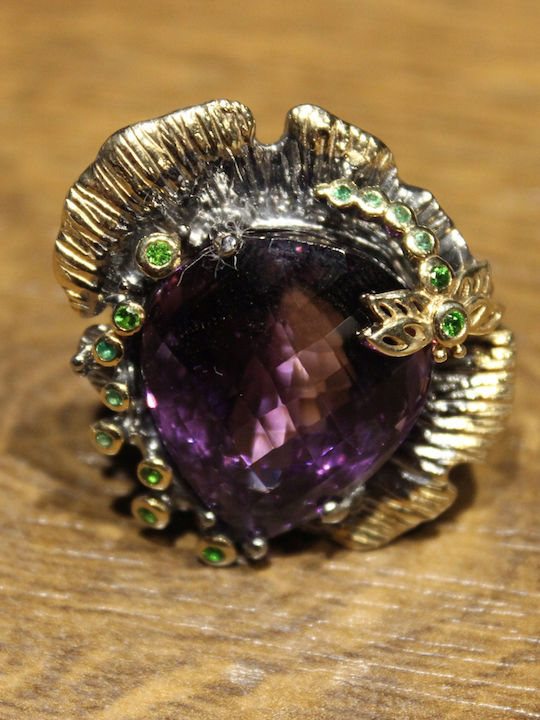 Artistic Silver Ring Natural Amethyst Diopside Size 14