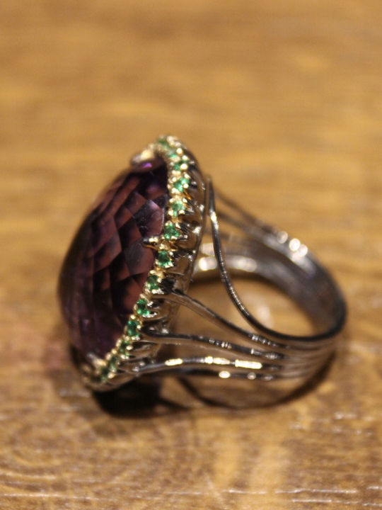 Artistic Silver Ring Natural Amethyst Diopsides Size 16.5