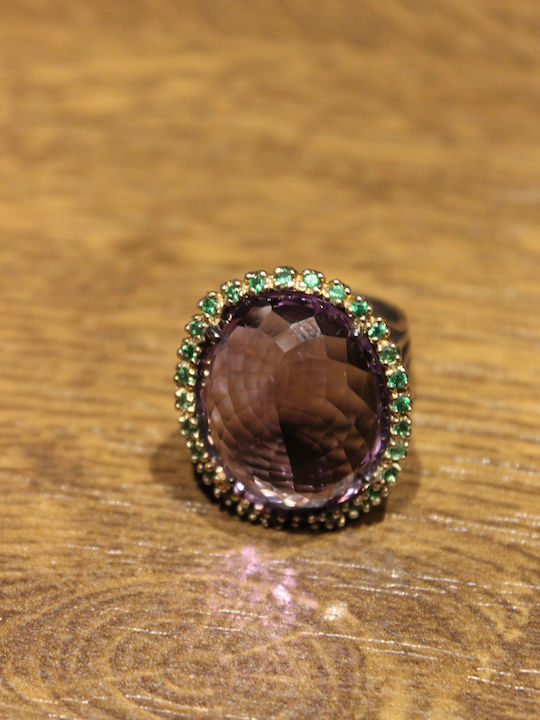 Artistic Silver Ring Natural Amethyst Diopsides Size 16.5