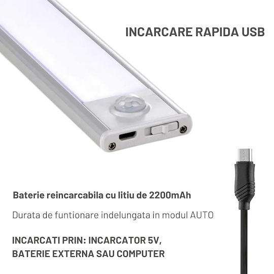 Dasbo Lampă Slim LED Cu Senzor De Mișcare Montare Magnetică LED-uri Puternice Wireless USB Reîncărcabilă Baterie Lumină Caldă Rece 3 Moduri De Iluminare 3000k-6000k Bucătărie Hol Cameră De Îmbrăcat Garaj Lungime 20 Cm