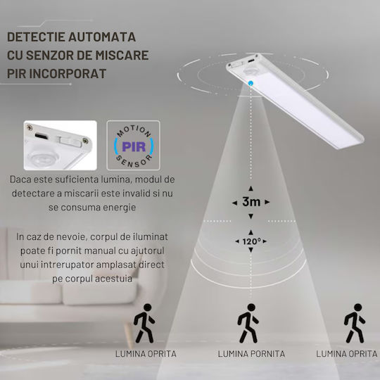 Dasbo Lampă Slim LED Cu Senzor De Mișcare Montare Magnetică LED-uri Puternice Wireless USB Reîncărcabilă Baterie Lumină Caldă Rece 3 Moduri De Iluminare 3000K-6000K Bucătărie Hol Cameră De Îmbrăcat Garaj Lungime 30 Cm