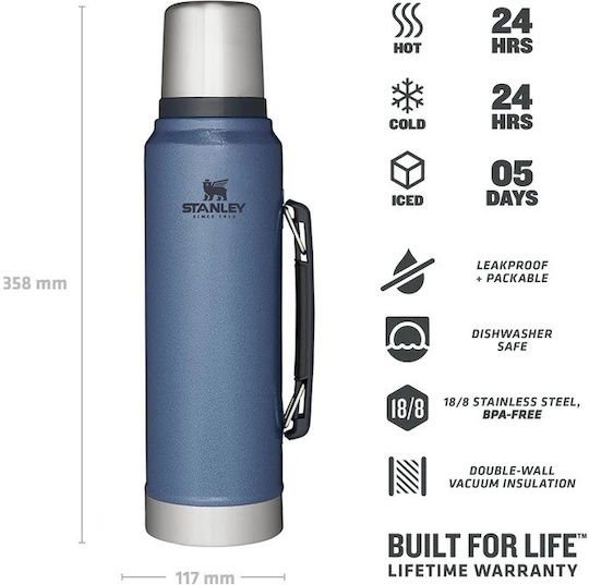 Stanley Classic Legendary Bottle Thermos Stainless Steel BPA Free 1lt Hammertone Lake with Cap-Cup
