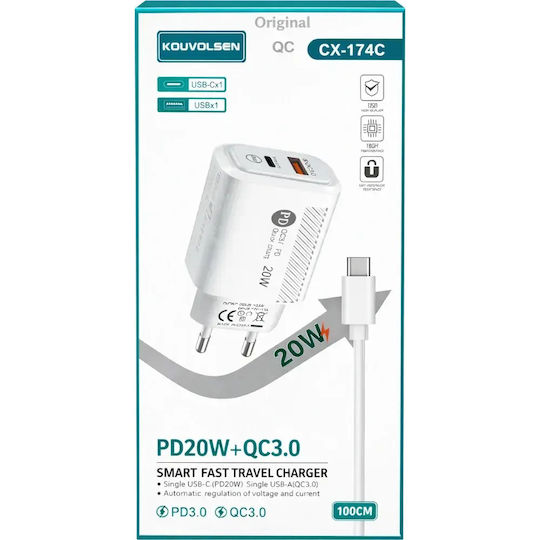 Kouvolsen Φορτιστής με Θύρα USB-A και Θύρα USB-C και Καλώδιο USB-C 20W Power Delivery / Quick Charge 3.0 Λευκός (CX-174c)