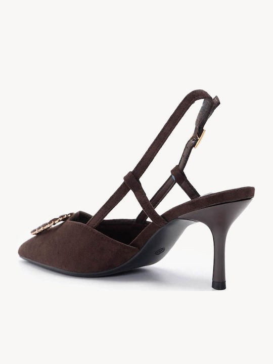 Pantofi Cu Toc Maro Slingback Cu Bijuterie Decorativă
