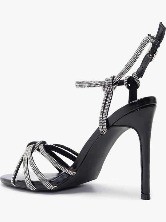 Sandale Elegante Damă Negre Cu Strasuri Toc Subțire Înalt