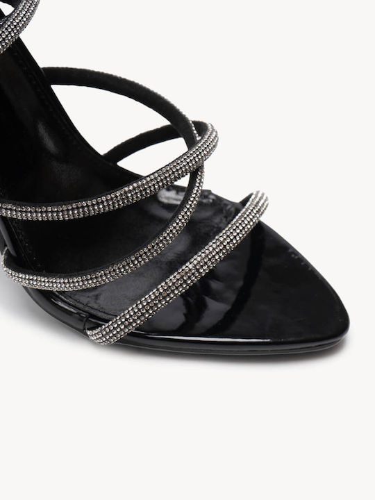 Schwarze Hohe Damen Sandalen mit Dünnen Riemen mit Strass