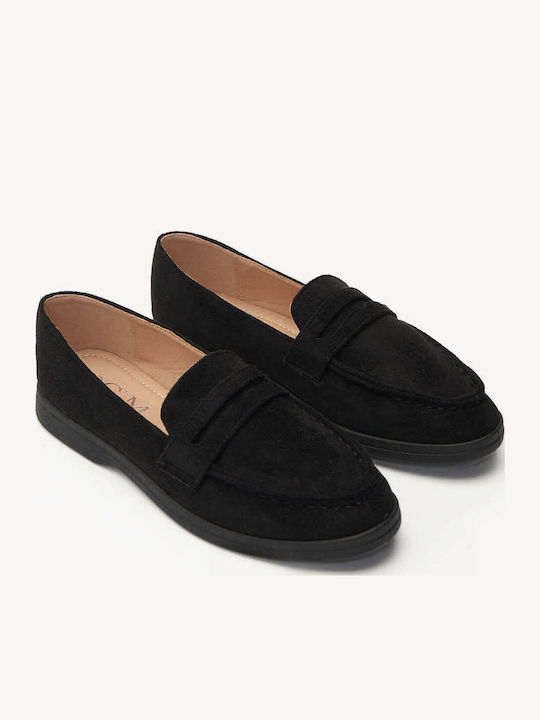 Mocasini Dama Din Suede Negri Linie Curată Talpă Plată