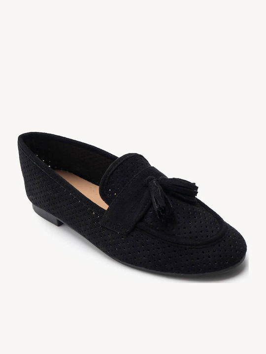 Μαύρα Suede Loafers Διάτρητο Σχέδιο Φουντάκια