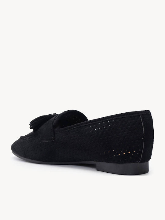 Μαύρα Suede Loafers Διάτρητο Σχέδιο Φουντάκια