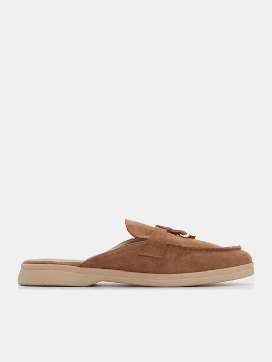 Flat Suede Mules in Brown Color