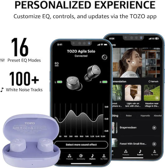 Agile Solo Earbud / In ear Bluetooth хендсфри Слушалки с Устойчивост на Пот и Кутийка за Зареждане Лилав