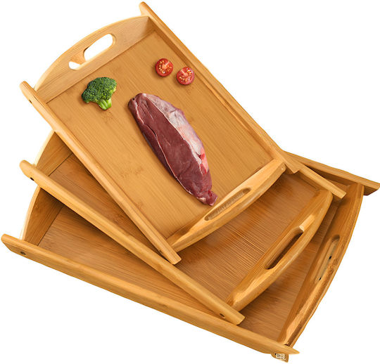 Cheffinger Set 3 Natürliche Bamboo Serviertabletts Ultra Robust Widerstandsfähig Braun Beige