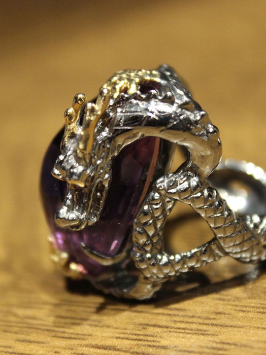 Artistic Silver Ring Natural Amethyst Garnets Dragon Size 14