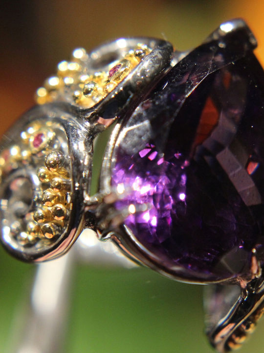 Künstlerischer Silberring Natürlicher Amethyst Granate Größe 17,5