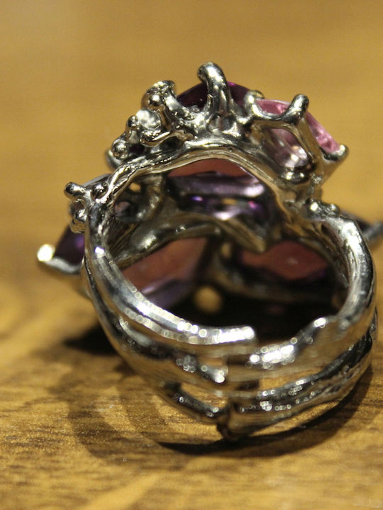 Artistic Silver Ring Natural Amethysts Spinels Diopsides Size 15