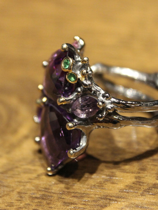 Artistic Silver Ring Natural Amethysts Spinels Diopsides Size 15