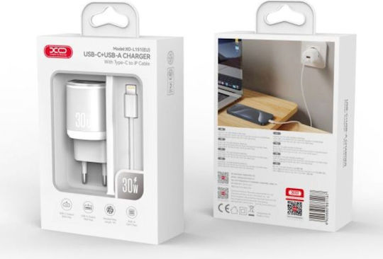 XO с USB-A порт и USB-C порт и кабел USB-C - Lightning 30W Quick Charge 3.0 Бял (L151)