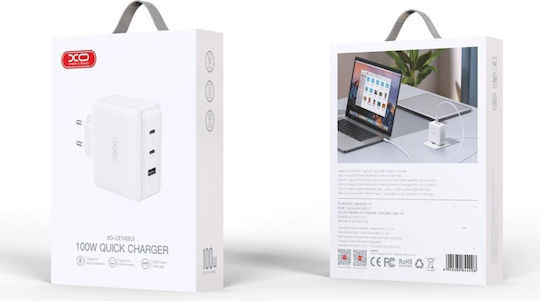 XO Φορτιστής Χωρίς Καλώδιο GaN με Θύρα USB-A και 2 Θύρες USB-C 100W Power Delivery / Quick Charge 3.0 Λευκός (CE14)