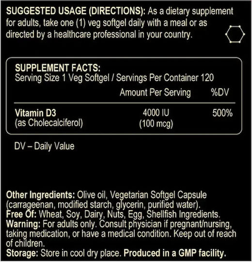 Fuel Up Vitamin D3 Βιταμίνη για Ενίσχυση του Ανοσοποιητικού & την Υγεία των Οστών 4000iu 120 μαλακές κάψουλες