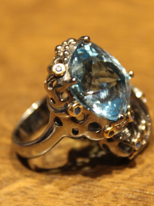 925 Silver Ring Natural Topaz Aquamarine Sapphires Size 16.5
