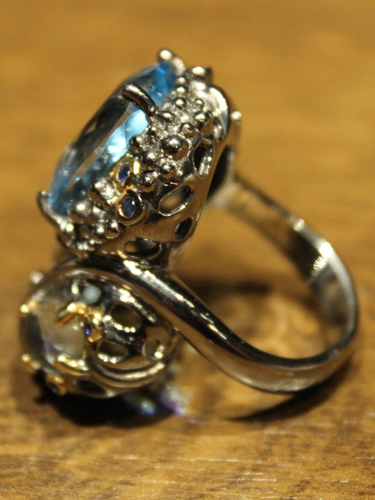 925 Silver Ring Natural Topaz Aquamarine Sapphires Size 16.5