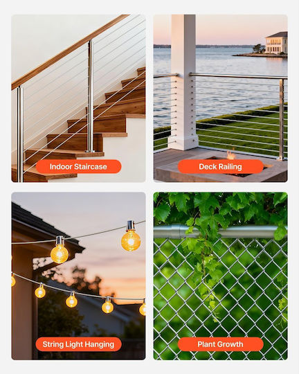 Vevor Wire Rope Set 2 Mm Thickness 35.1 M Length Stainless Steel 304 Cable 2 Kn Breaking Strength 7 X 7 Strand Construction Steel Cable Railing System Garden Lights