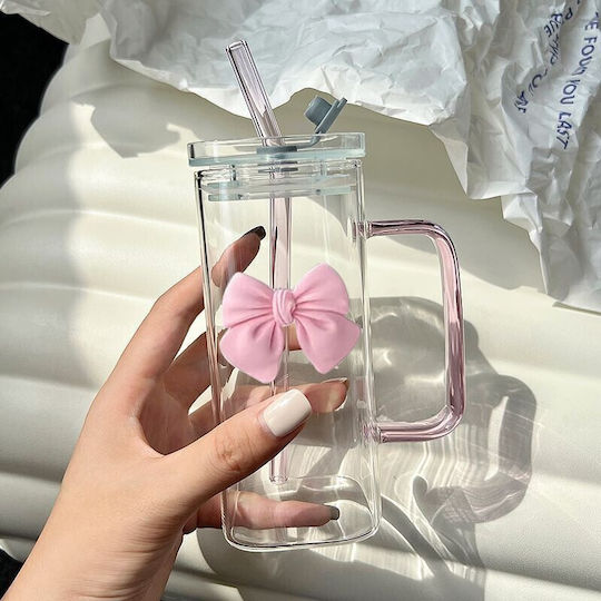 ecarla Ποτήρι από Γυαλί Ροζ με Καλαμάκι 400ml SZK87