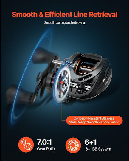 Fishing Rod and Reel Combo Vevor Baitcasting Im7 Carbon Fiber Sea Bass Fishing Rod System Bb 6+1 Gear Ratio 7.0:1 Cork Handle Stainless Steel Guides Ceramic Rings