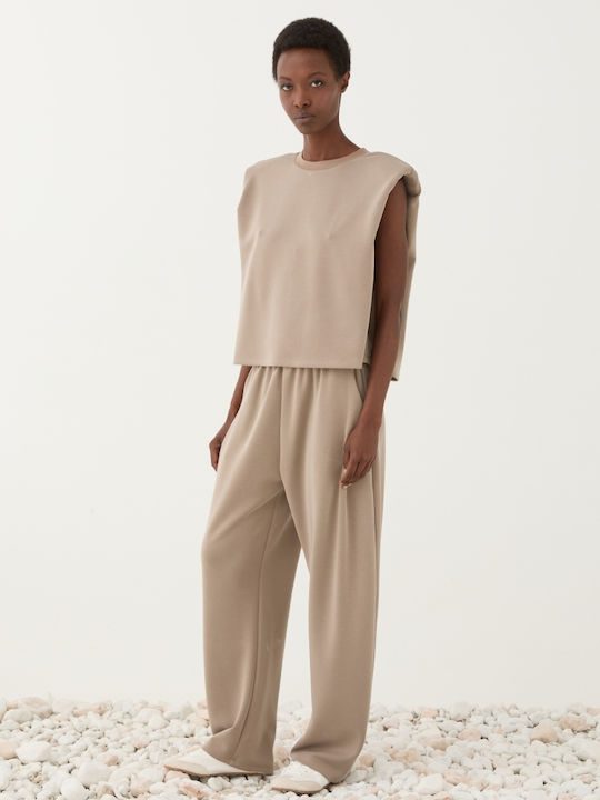 Eleh Women's Fabric Trousers with Elastic Taupe Eleh Women's Fabric Trousers with Elastic Taupe