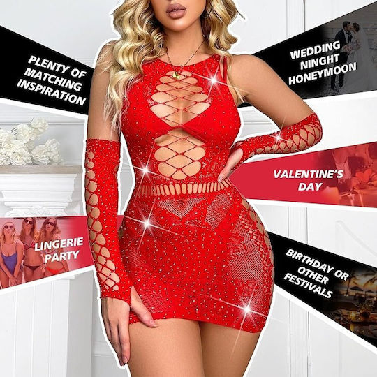 Smd Intime Serie Scarlett Crush Glitzerndes Netz Riemchen Body Sexy Figurnahes Netz Kleid One Size Rote