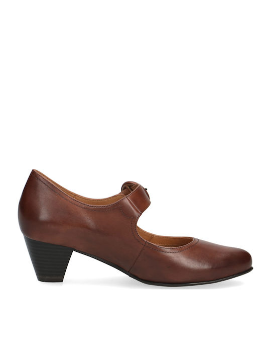 Leather Tabac Brown Heels with Strap