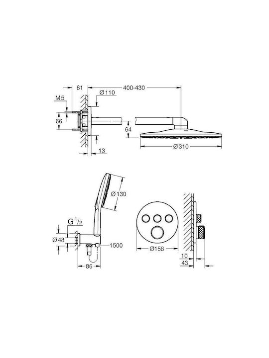 Grohe Комплект Миксер, Телефон И Душ Глава Вградени Батерии За Душ 3 Изхода Сребрист