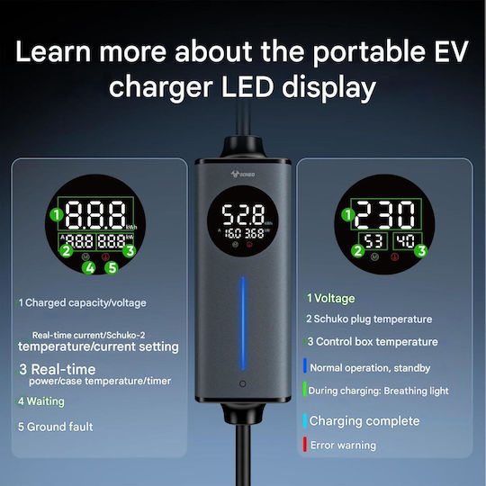 Portable Electric Car Charger 3.6kW with Built-in Cable 15m Type 2