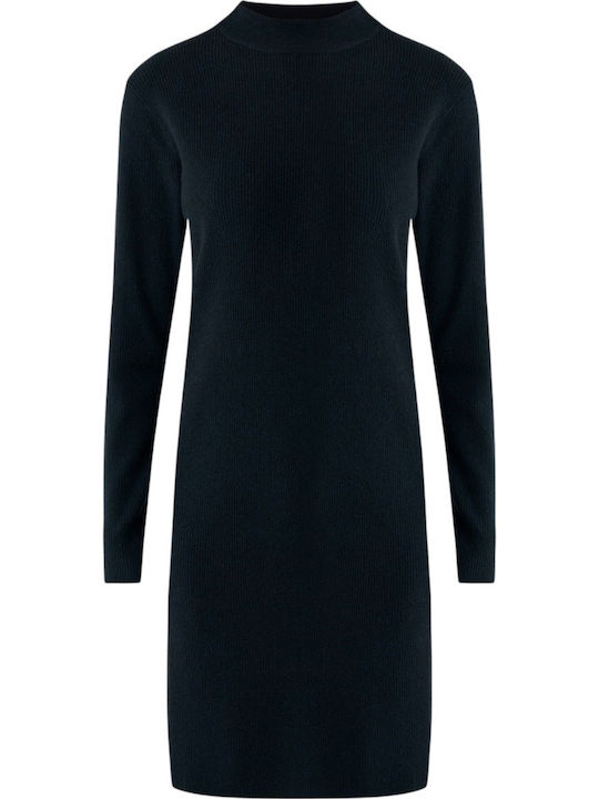 Rochie Mini Tricotată Cu Guler Înalt Neagră