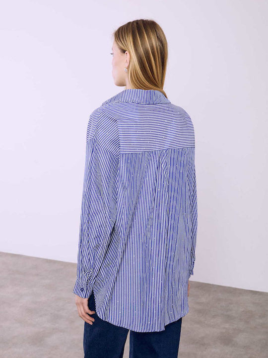 Celestino Damenhemden Gestreift Asymmetrisch Strass Loose Fit Blau
